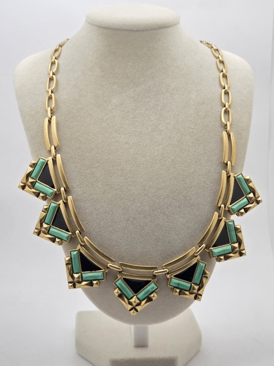 Stella & Dot Jewelry - Stella & Dot Art Deco Statement Necklace Gold Tone Green Black Geometric 21"